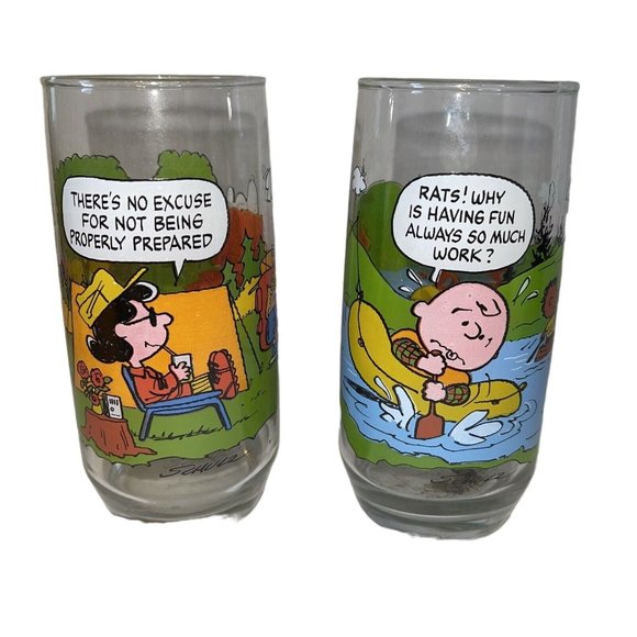 Vtg McDonalds Peanuts Camp Snoopy Lucy & Charlie Brown Glasses 1950’s 2 Included - Picture 1 of 2